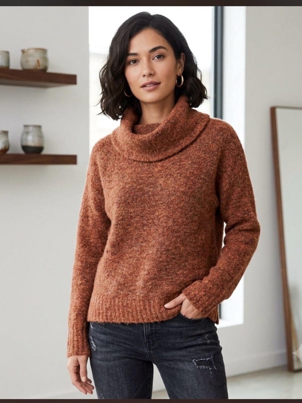 RD Style x Anthropologie Cowl Neck Knit Sweater Burnt Orange Size Small.